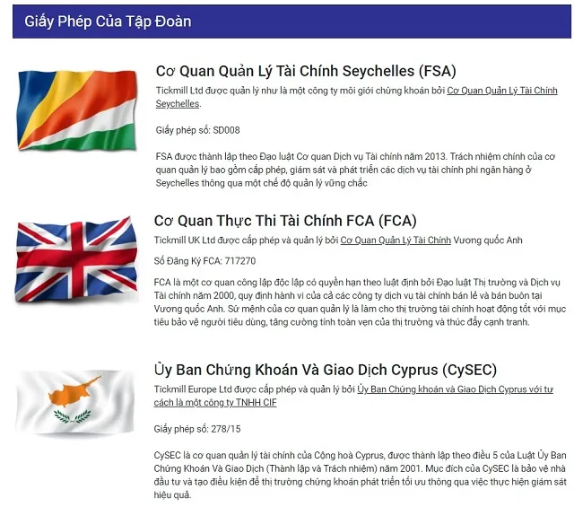 Các cơ quan quản lý cấp phép hoạt động của sàn Tickmill