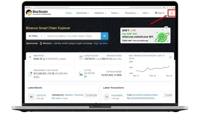 Chọn biểu tượng của Binance ở góc bên phải màn hình