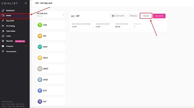 Chuyển ICP vào Coinlist để stake MINA Coinlist