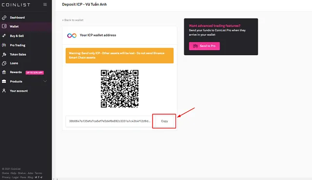 Copy thông tin địa chỉ ví ICP Coinlist, sau đó gửi token để stake MINA Coinlist
