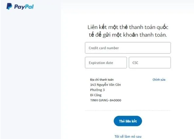 Điền đầy đủ thông tin của thẻ Visa