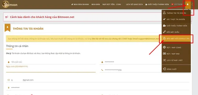 Nhấn vào biểu tượng rồi chọn bảo mật với 2FA