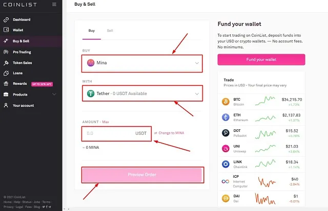 Tiến hành mua Mina Coinlist là mua bằng USDT