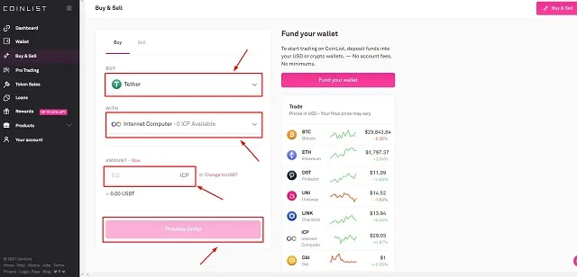 Tiến hành mua USDT bằng ICP