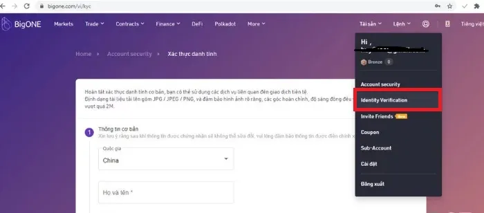 Xác minh tài khoản tại sàn giao dịch Big ONE